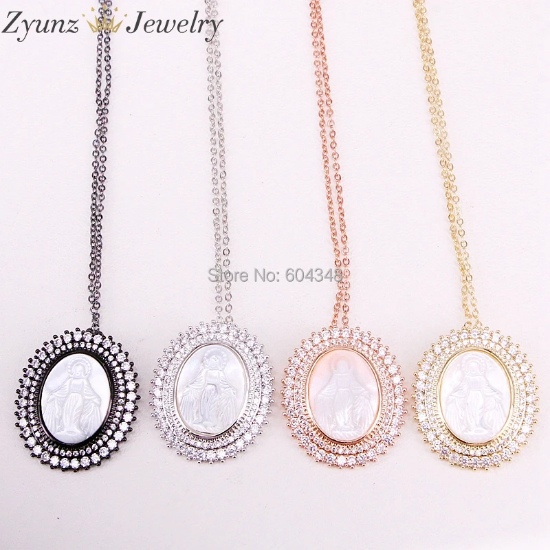 

5 Strands ZYZ310-2113 Oval Shape Jesus /Virgin Mary Shell Pendant Necklace CZ Micro Pave High Quality Pendant Necklaces