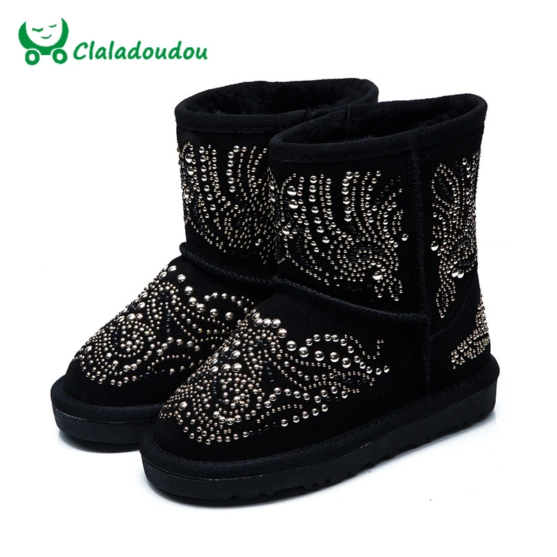 

adoudou Size 23-38 Fashion Kids Girls Boots Genuine Leather Children Girls Winter Boots Toddler Crystal Baby Winter Shoes