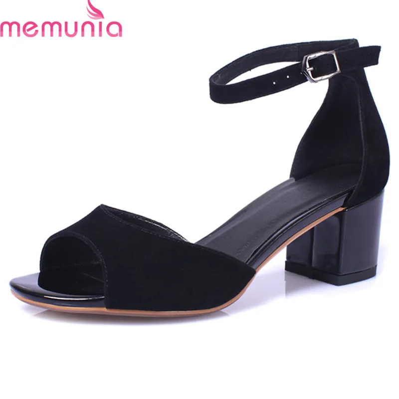 

MEMUNIA 2018 suede leather women sandals sweet peep toe party wedding shoes comfortable square heels shoes woman size 34-40