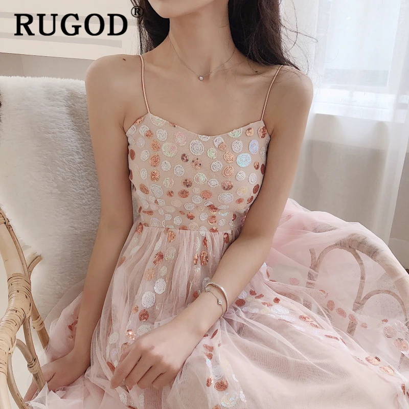 

RUGOD Korean sexy spaghetti strap women dress Fashion hight waist Sequin patchwork party dresses female clothing chic dresses