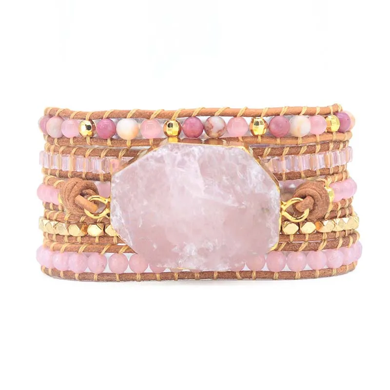 Натуральный камень браслет 5 Обертывания браслет ручной работы розовый кварц браслет для женщин браслет Прямая поставка