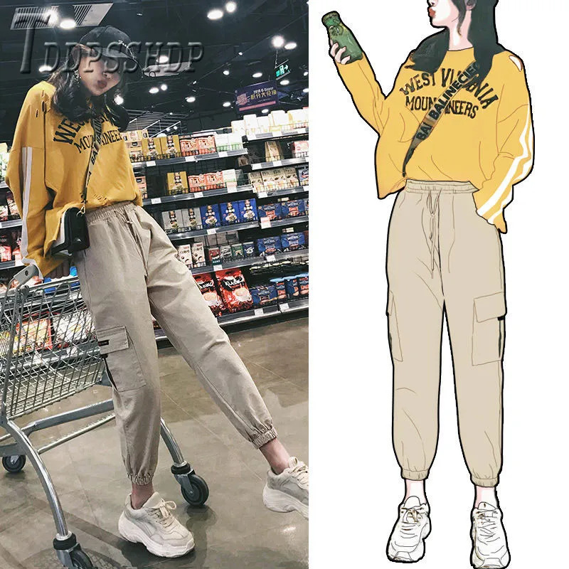 

High Quality Spring Cargo Pants Ins Popular Slim Casual Elastic Waist Female Trousers