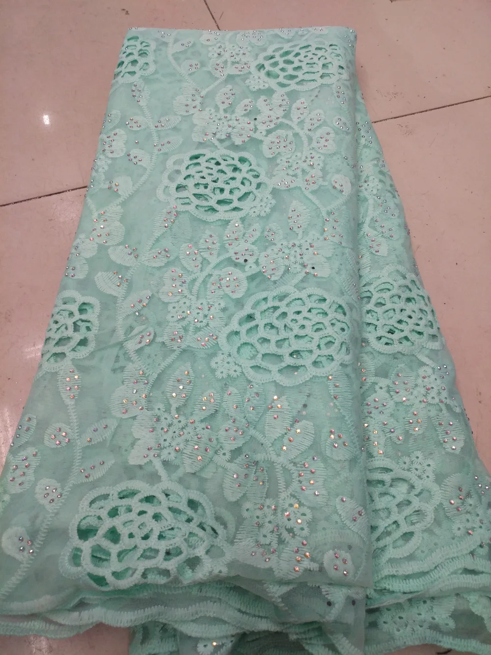 

Big Rhinestones Lace Fabric green color High Quality African Swiss beads Lace Fabric For Wedding party dress black color