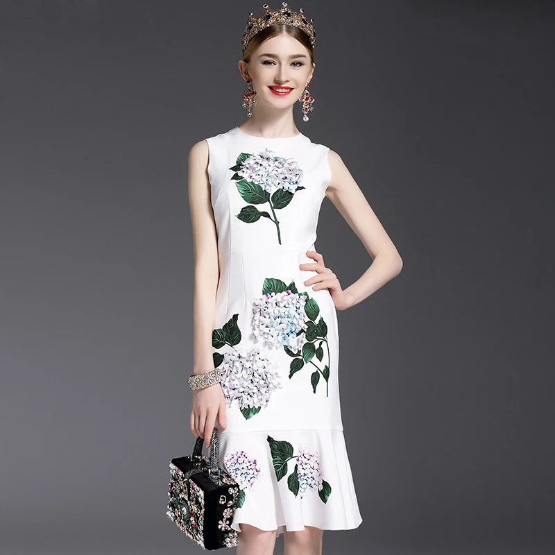 

High Quality 2017 Designer Runway Summer Dress Women's elegant Mermaid Sleeveless Whiter Floral Printed Appliques Casual Dress