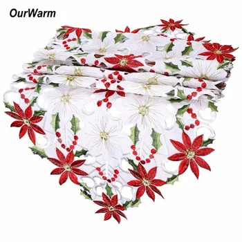 

OurWarm Embroidered Tablecloth Cutwork Floral Table Cloth Poinsettia Holly Leaf Table Linens Wedding Decoration Home Textile