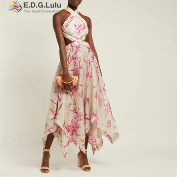 

EDGLulu print dress new arrival women clothes 2019 summer beach off shoulder pink bohemia nvacation long dress