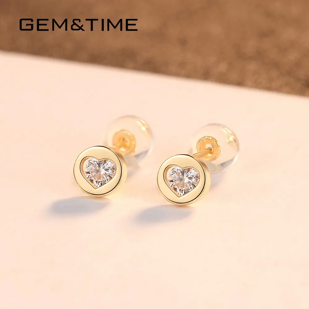 Gem& Time, круглое сердце, твердые, 14 к, золотые серьги-гвоздики для женщин, для свадьбы, помолвки, хорошее ювелирное изделие, желтое золото, Pendientes AU585 E14118