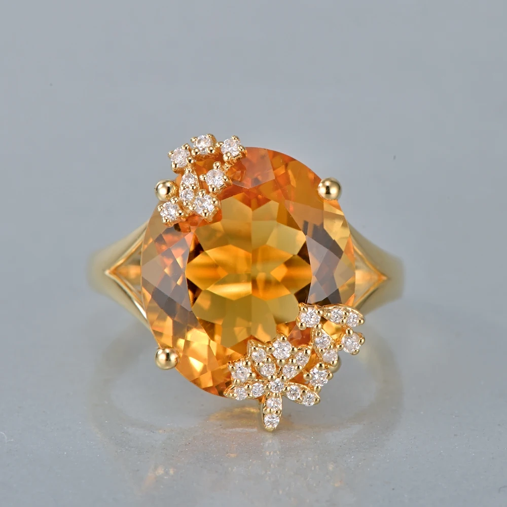CaiMao 14K Yellow Gold 10.19ct Natural Citrine 0.18ct Pave Diamond Engagement Ring Free Shipping