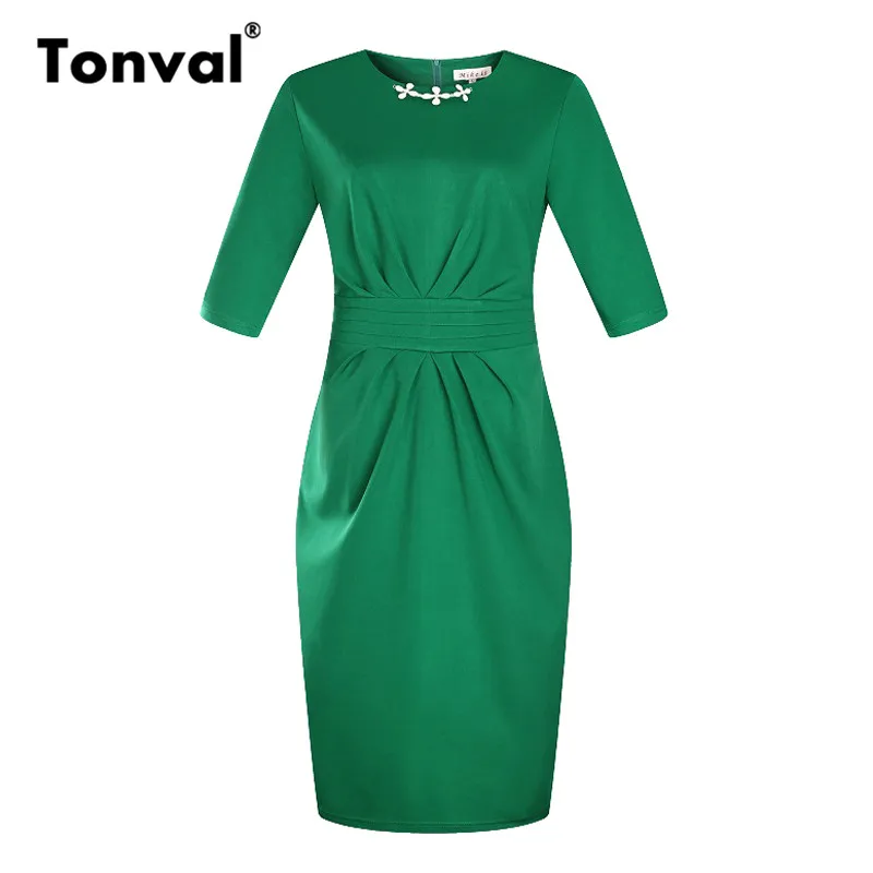 Тонваль 5XL 6XL размера плюс работа миди платье элегантный офис леди женщин баски Ruched платья зеленый Bodycon Карандаш платье - Цвет: Зеленый