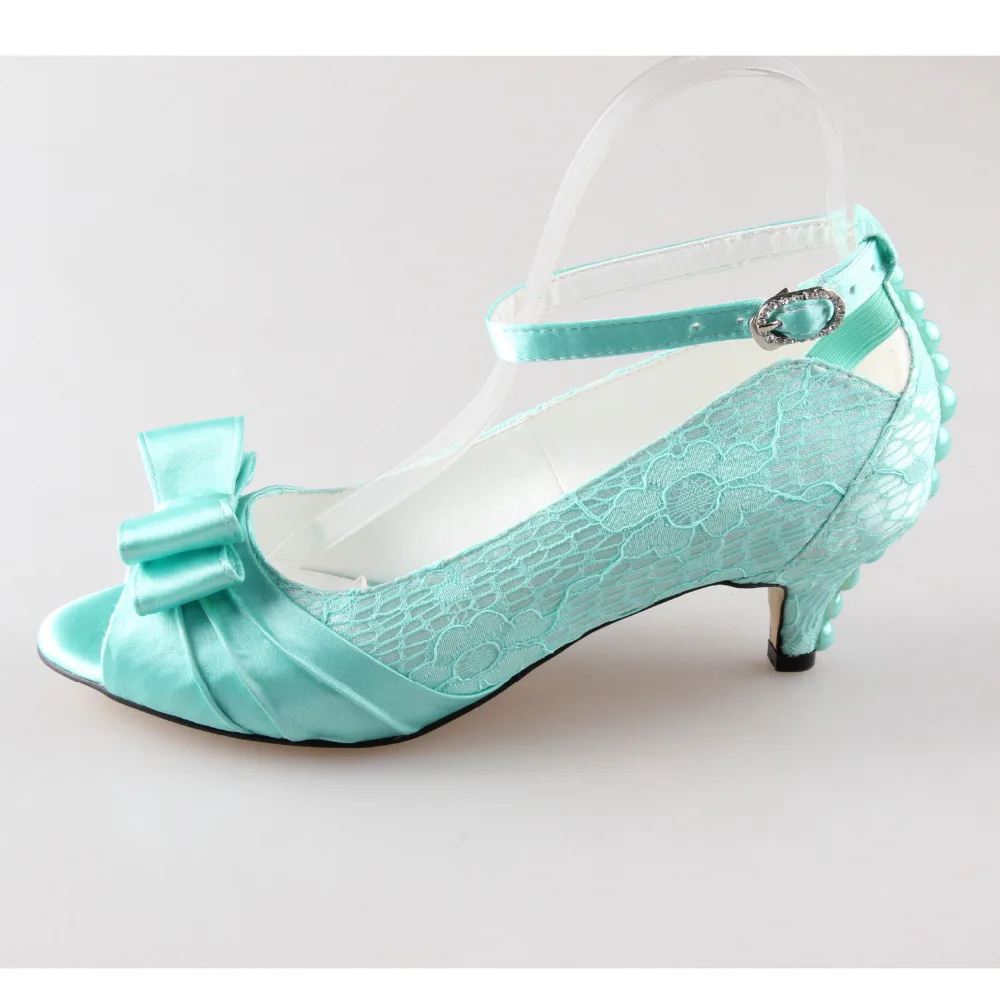 Creativesugar Handmade mint green lace satin pearl bow open toe bow bridal wedding prom evening dress shoes low heel ankle strap