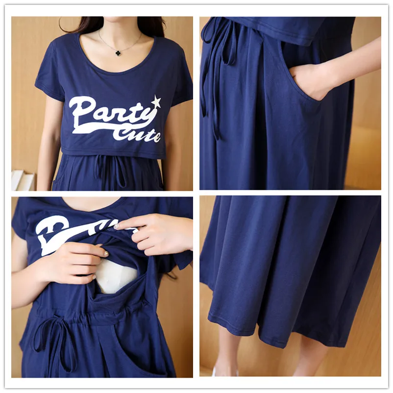 Maternity Dress Breastfeeding Two-piece Suit Short-sleeved Maternity Clothes For Pregnant Women Long Korean Skirt  Cotton
