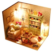 DIY 3D деревянные изделия ручной работы Миниатюрный Кукольный дом Комплект гостиной с светодиодный свет и пылезащитный чехол-семейный зал
