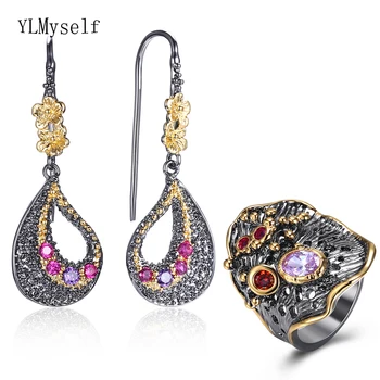 

Purple Fuchsia Crystal Earrings Ring Jewellery Set Leaf Dangle Earrings Pretty 2pcs Jewelry Sets for Women Birthday gifts