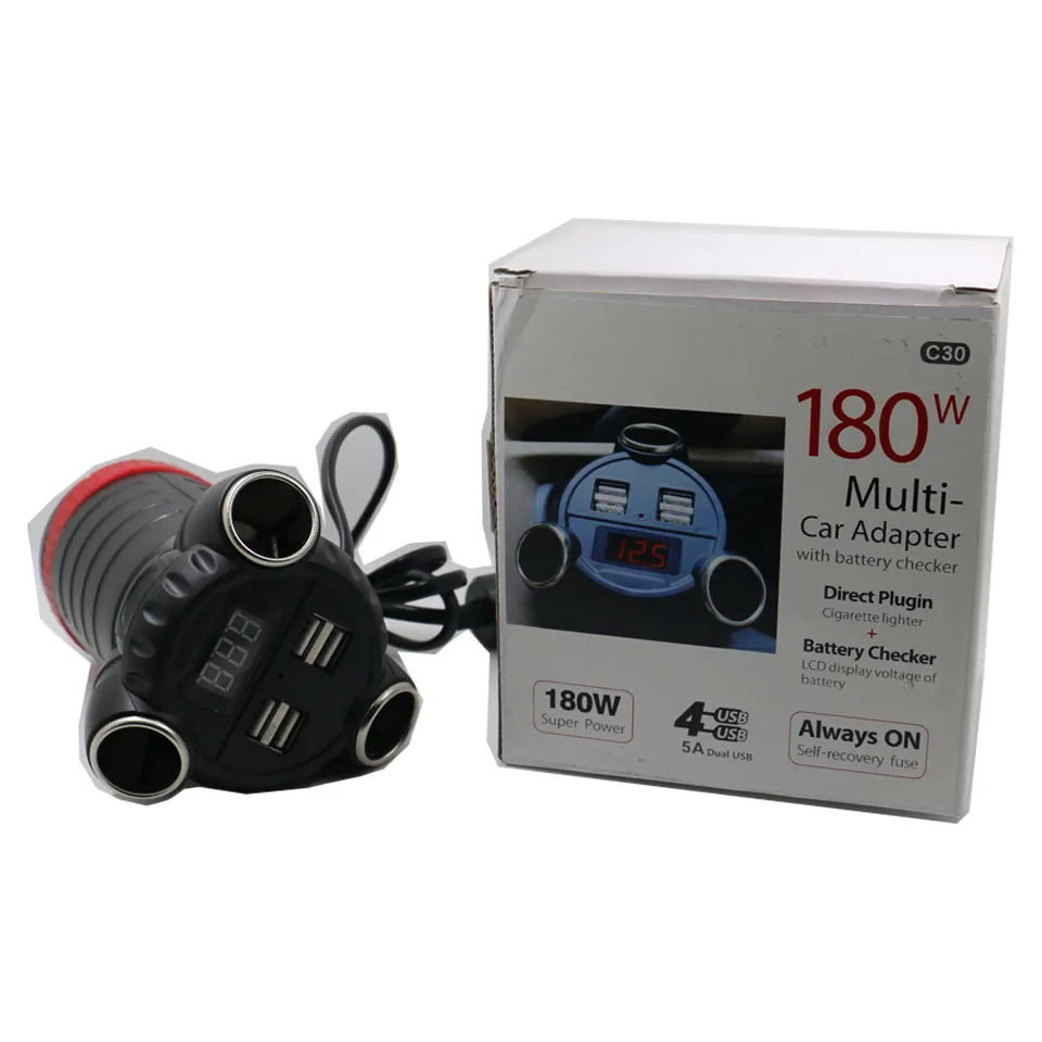 

Most Powerful Car Adapter Diagnostic Tool Car Battery Checker Voltage Led Display 3 Cigarette Lighter Ports 4 USB Port 5A Output