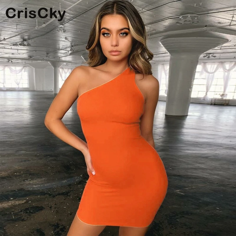CRISCKY Hot Summer Woman Solid Party Bodycon Dresses Ladies One Shoulder Sleeveless Slim Mini Dress Women Skinny Dress Vestidos