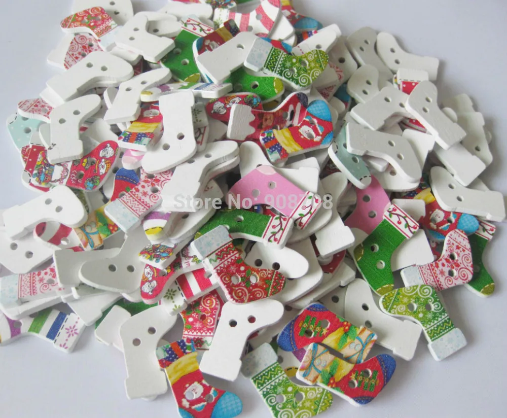 

W0116 Christmas Sock wooden Button 80pcs mixed randomly Decorative festival buttons for craft