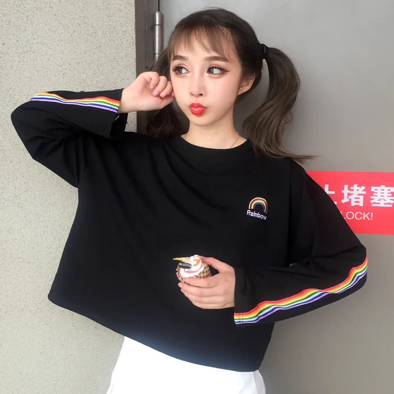 

Women T shirt Autumn Long Sleeve Cotton Striped Sleeve Harajuku Top Female Korean Befree Style Rainbow Tees Dropshipping