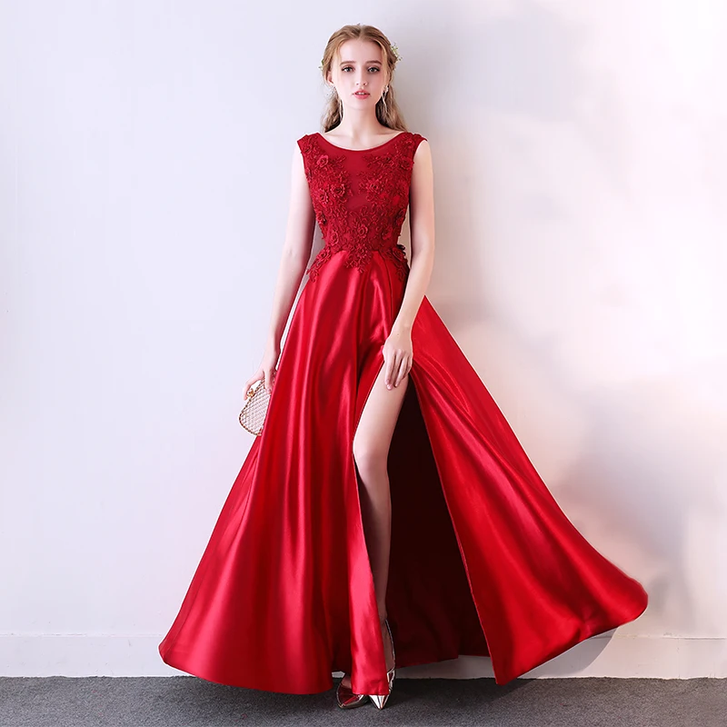 Женское вечернее платье SSYFashion элегантное атласное цвета красного вина с высоким