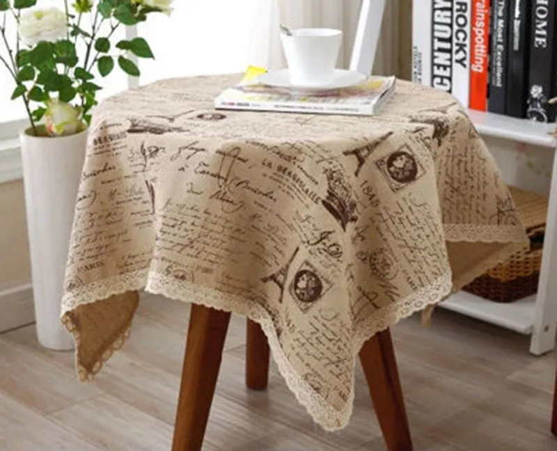 Europe Style Linen Cotton Table Cloth Rectangular Lace Edge Tablecloth Letter Pr