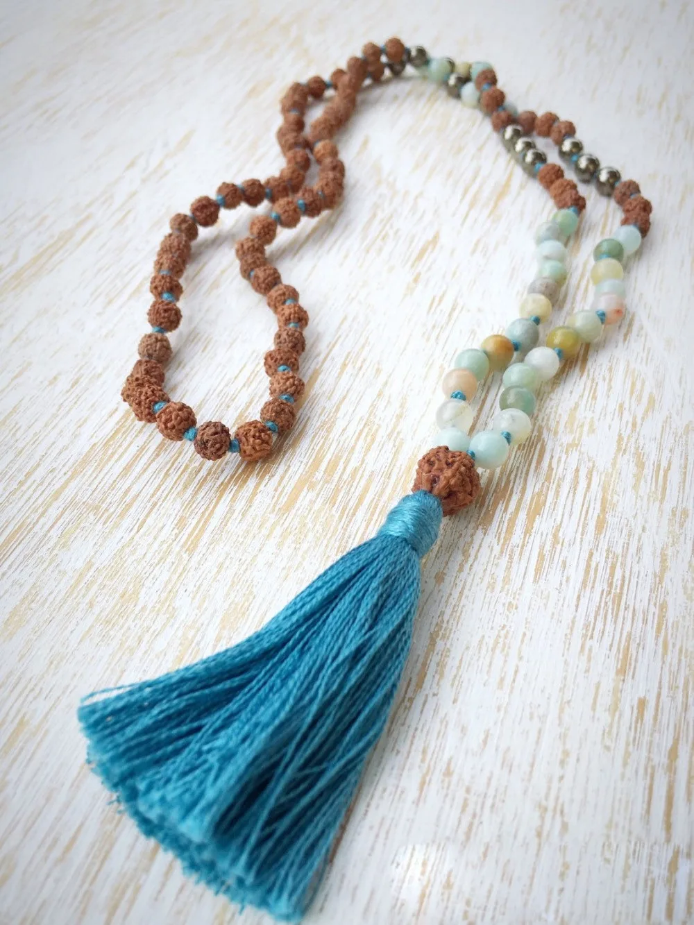 108 Mala Beads necklace Amazonite Rudraksha Mala Necklace Rudraksha