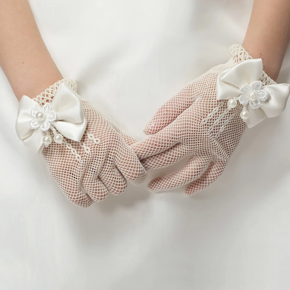 Creme Spitze Perle Fischnetz Handschuhe Kommunion Party Hochzeit-Blumenmädc F4I1 