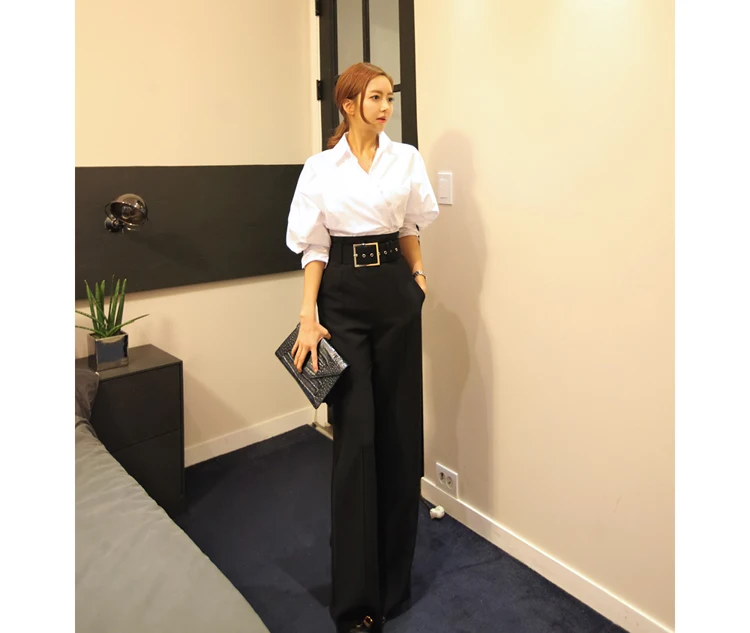 Корейский стиль, Офисная Женская рубашка, весна, белая, тонкая, отложной воротник, блузка, одноцветная, обычная, рукав летучая мышь, блузка T91005R