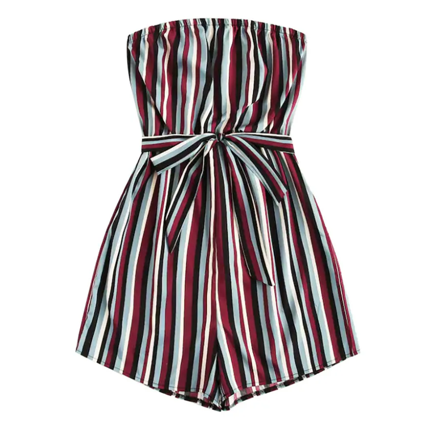 Rompers Womens Summer Playsuits Plus Size Women Casual Backless Off Shoulder Bow Knot Bandage Stripe Playsuits Summer LS*D - Цвет: A