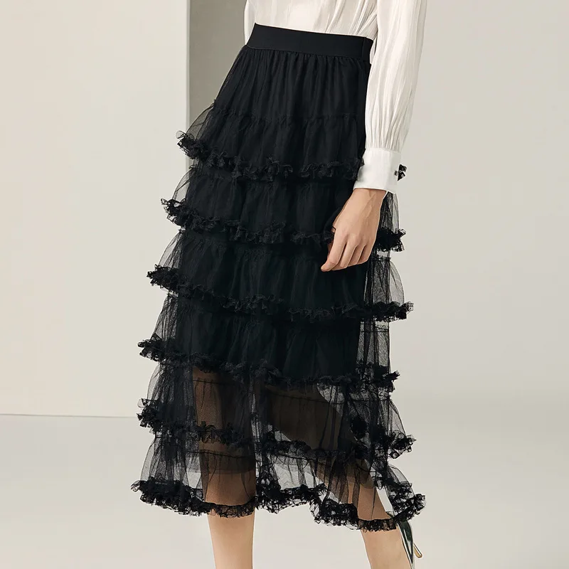 Черный Многослойная юбка Для женщин 2019 новые летние модные сетчатые оборки эластичный пояс французский Стиль нишу все совпало женская