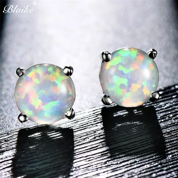 Luxury Jewelry Exquisite 6MM Round White Blue Green Fire Opal Stud Earrings For Women Silver Color Wedding Party Jewelry Gifts