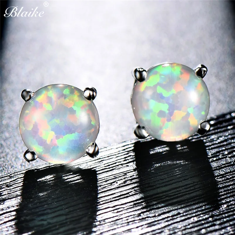 

Blaike 6MM Round White/Blue/Green/Pink/Purple Fire Opal Stud Earrings For Women 925 Sterling Silver Filled Birthstone Earrings