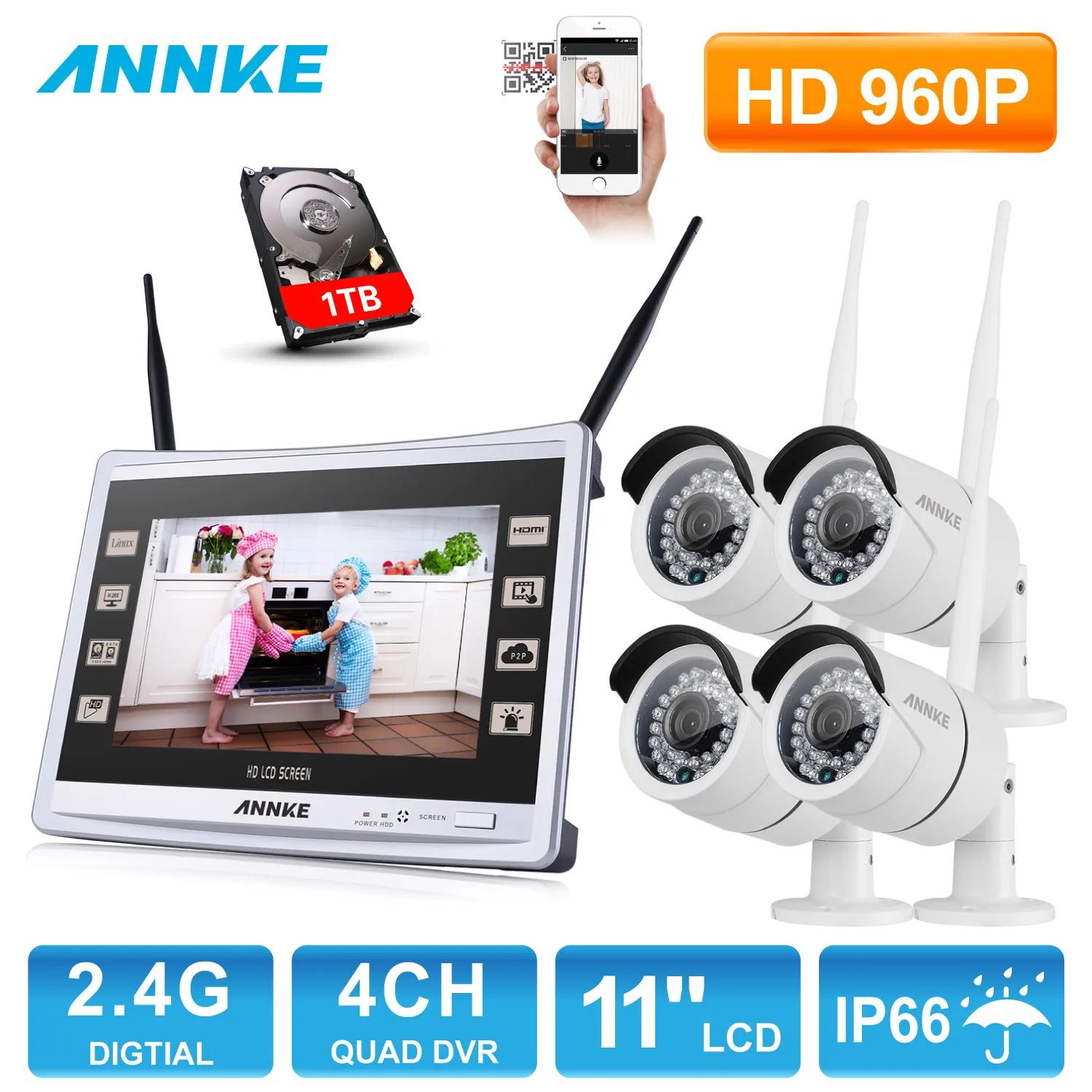 ANNKE 4CH 960P Wireless 11 Monitor NVR Outdoor IR Night Vision font b Video b font