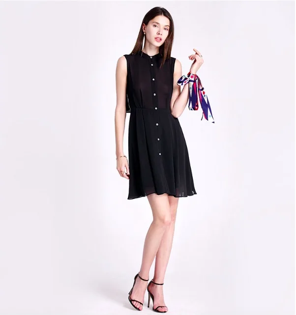 2018 Summer Stand Collar Sleeveless Back Pleated Shirt A-line Dress Dresses