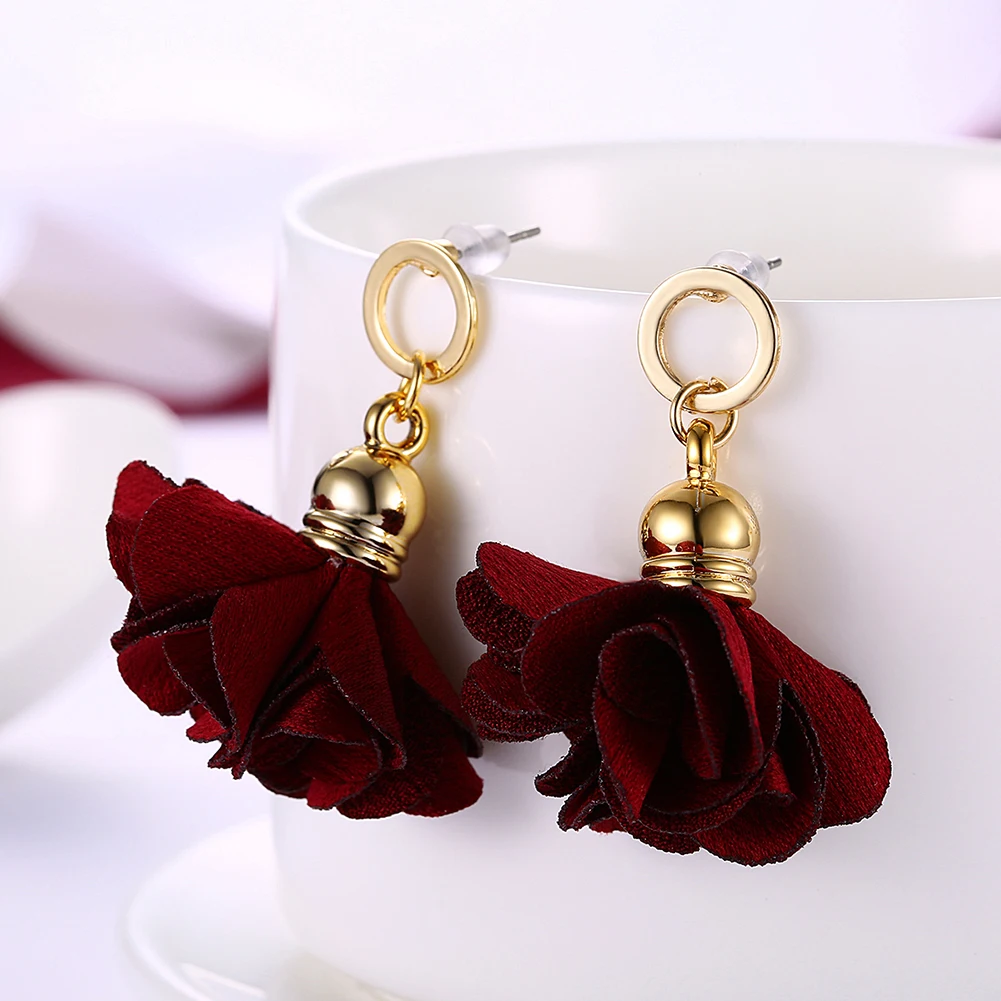 5 Colours Alloy Silk Fabric Flower Statement Earrings Fashion Non woven Cloth Art Wedding