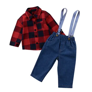 

2019 New Brand Newborn Baby Boy Clothing Set Long Sleeves Plaid Blouse Shirts +Denim Overalls Pants 2pcs Set 0-24M CXD0