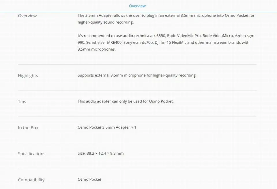 DJI Osmo Pocket 3,5 мм адаптер поддерживает внешний 3,5 мм микрофон подходит Osmo Pocket в оригинале