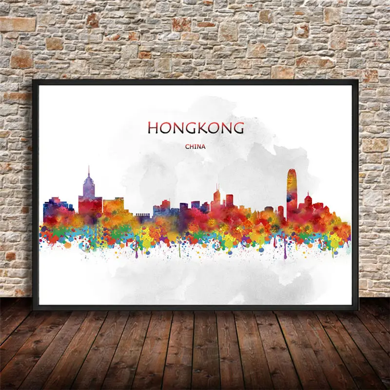 Kota dunia HONGKONG CINA Cetak Poster  Cat  Air Abstrak 