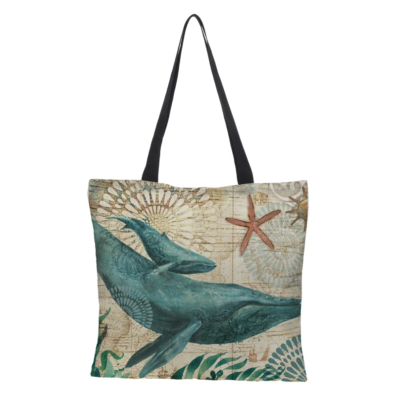 Индивидуальная сумка-тоут с рисунком морского конька черепахи осьминога, дорожные сумки на плечо, эко льняной мешок для покупок для женщин с принтом, забавная сумка