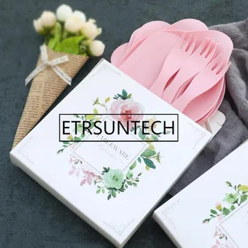 

100pcs Flower Pattern Disposable Cake Tableware Sets Packaging Box Plate Fork Knife Paper Box Birthday Party Cake Supplies