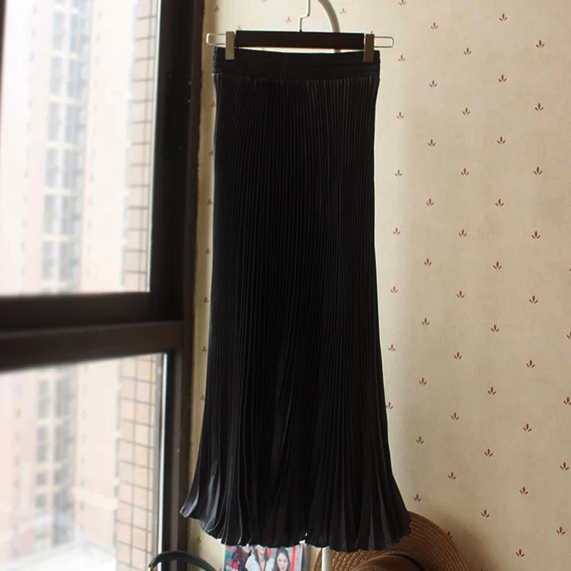 SheBlingBling Модные женские Макси плиссированные юбки в Корейском стиле с рюшами на подоле большие качели весна осень тянущаяся длинная юбка с высокой талией