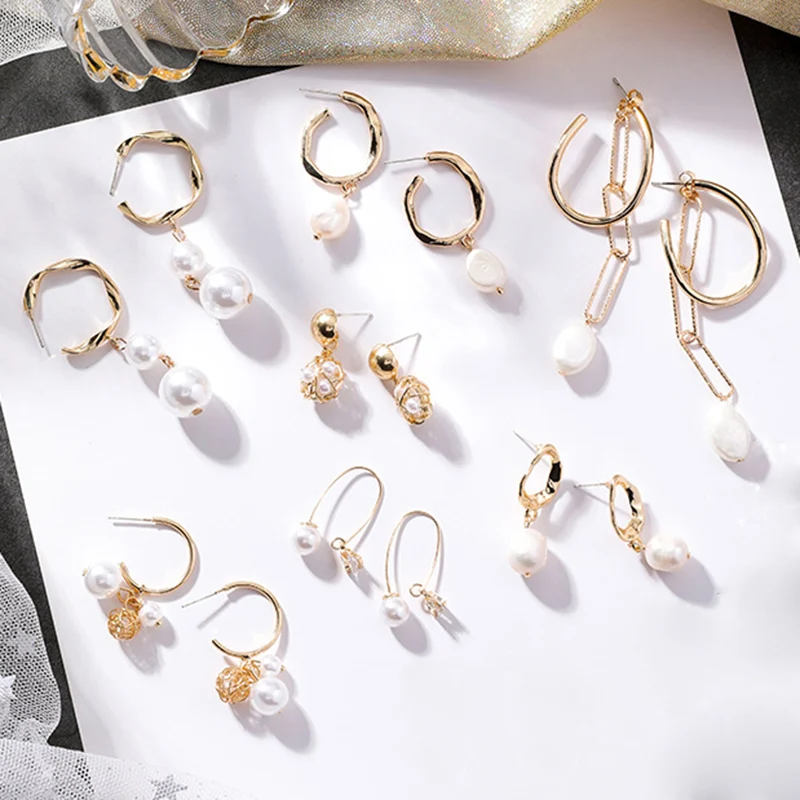 

S925 Needle Vintage Metal Gold Irregular Geometric Circle Square Pearls drop dangle Earring For Women Girl Party wedding Jewelry