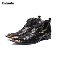Batzuzhi Italy Type Men Shoes Fashion Black Leather Boots Men Pointed Metal Tip Lace-up with Rivets botas hombre Party Boots Man christia bella fashion luxury pearl designer men shoes black lace up wedding party shoes with metal tip men s oxfords plus size