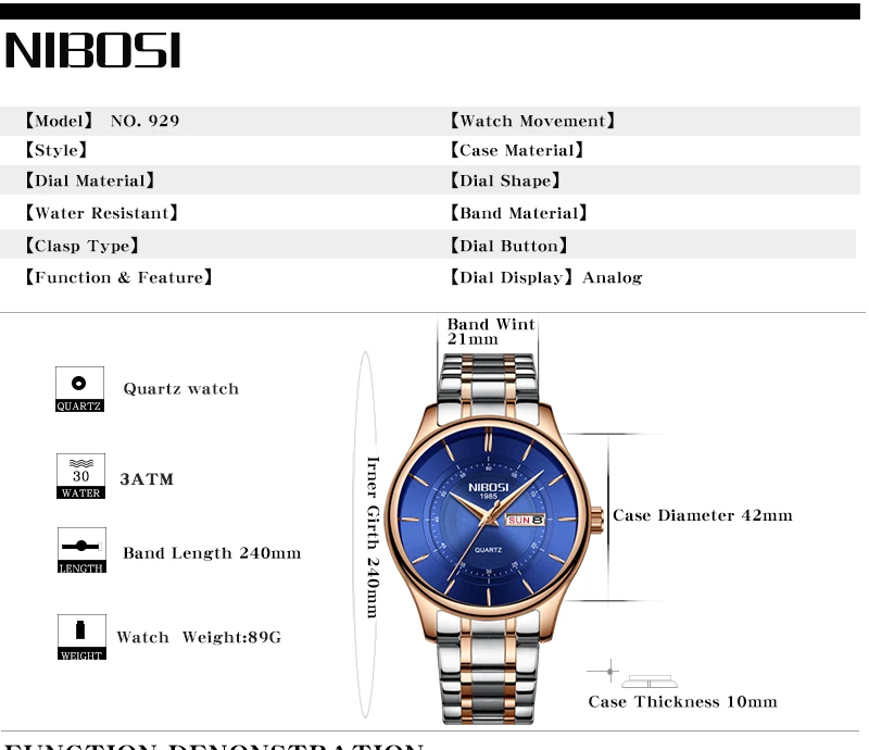 Relogio NIBOSI Watch Men Waterproof Leather And Steel Band Men Watch Date Day Blue Wrist Watch Analog Quartz Fashion Male Clock  (3)