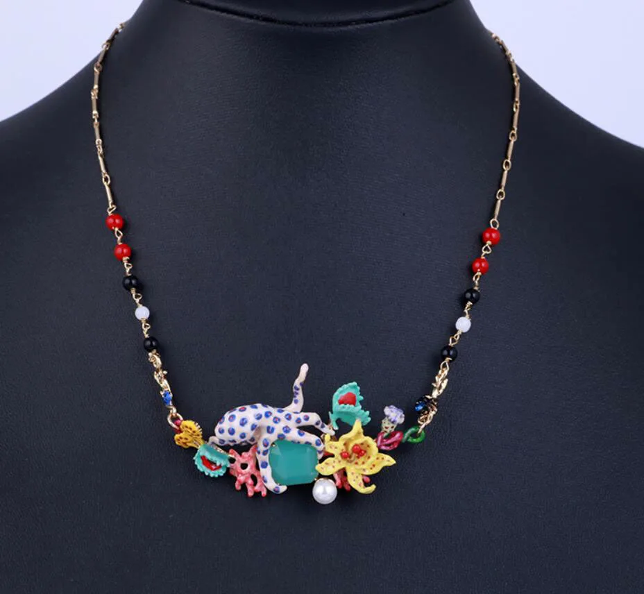 

CSxjd New Luxurious Jewelry Enamel glaze Marine life pearl octopus flower beaded necklace