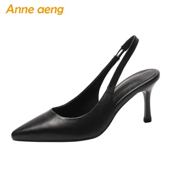 

2019 New Summer Genuine Leather Women Sandals High Thin Heel Pointed Toe Elastic Band Sexy Ladies Women Shoes Black High Heels