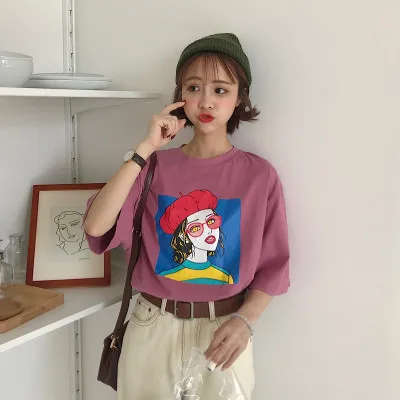 

2 colours free size 2018 new summer women short sleeve O-neck cartoon print T-shirt