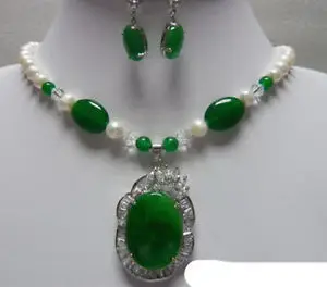 

Free shipping Emerald Jade White Pearl 18KWGP Crystal Clasp Pendant Necklace & Earrings set