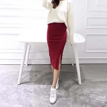 

2019 Summer skirts Sexy Chic Pencil Skirts Women Skirt Wool Rib Knit Long Skirt Package Hip Vintage Split Waist midi skirt maxi