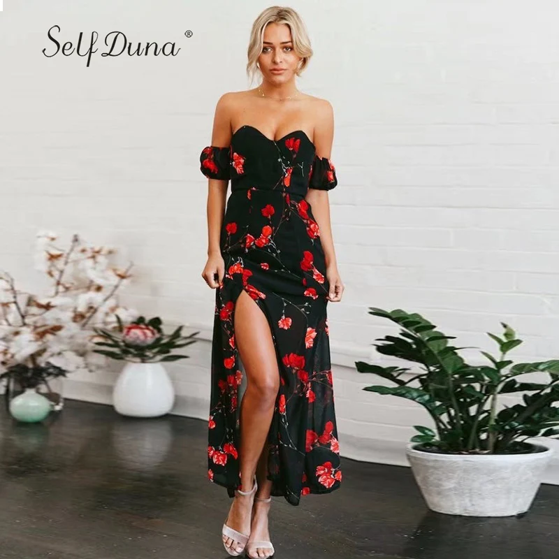 

Self Duna 2019 Summer Strapless Maxi Dress Boho Beach Dress Off Shoulder Backless Sexy Split Floral Sprint Chiffon Long Dress