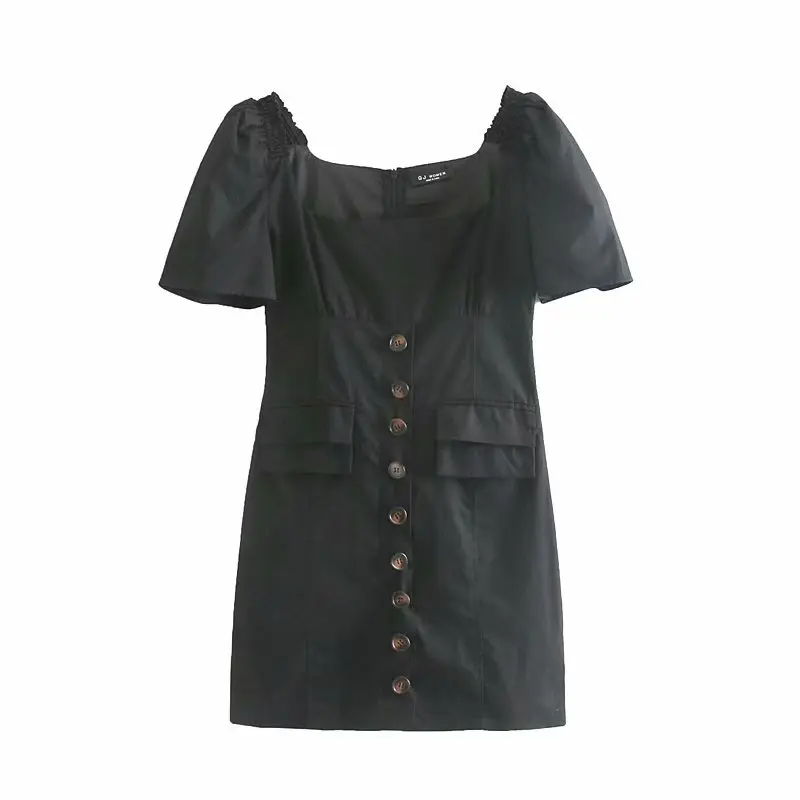 

women black mini dress sexy square collar stylish button pocket short sleeve casual female slim fit summer dresses vestidos