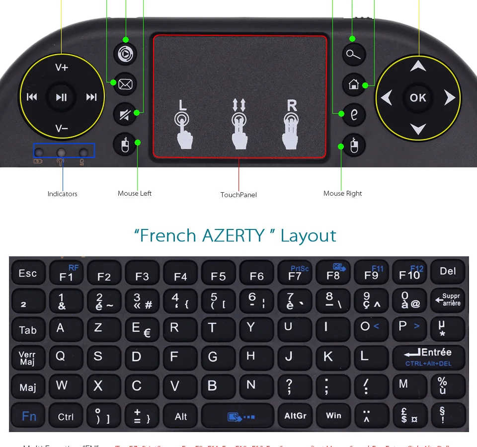 Мини i8 клавир Sans Fil французский 2,4 ГГц французский мини Беспроводной клавиатура Air Мышь с тачпадом для Android ТВ коробка, мини-ПК, ноутбука